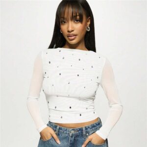 2026 New Fashion Women Long Sleeve Slim Top with Rhinestones 5 Colors